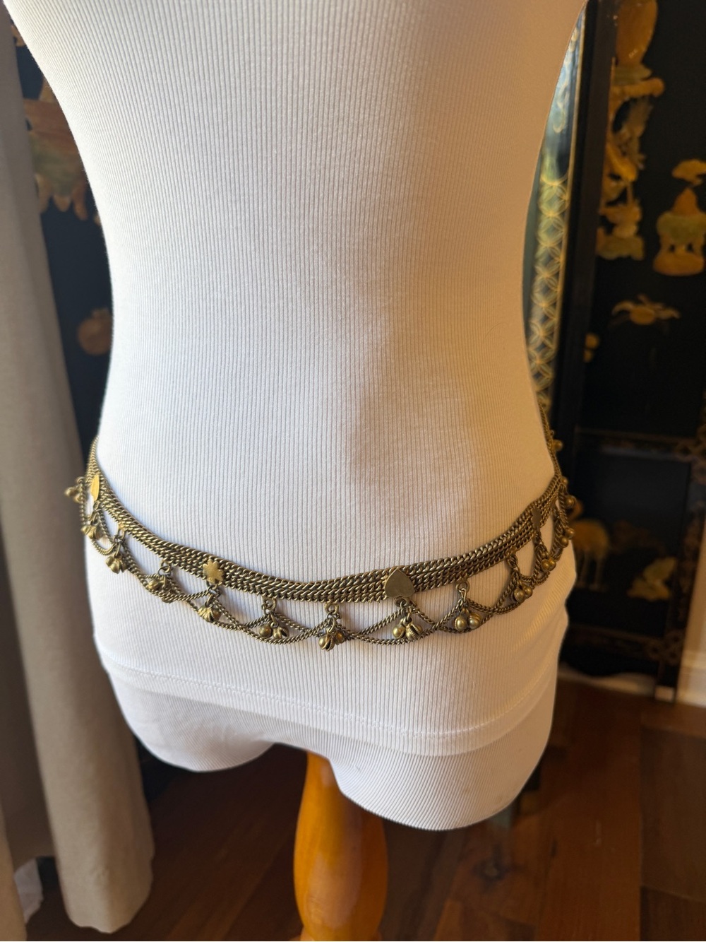 Vintage Gold Chain Waist Belt with Dangle Medallions